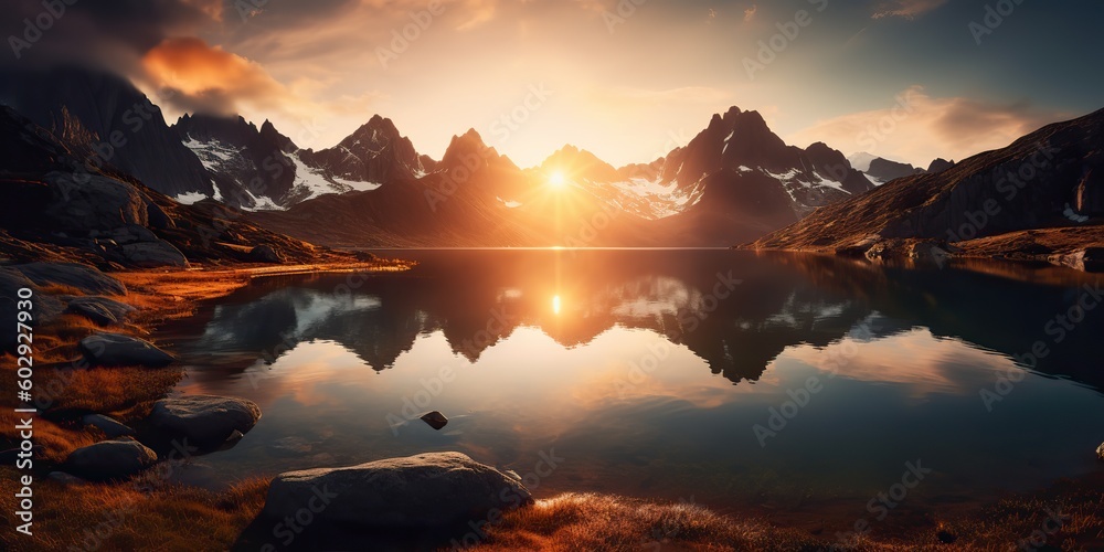 AI Generated. AI Generative. Beautiful illustratration photo or mountain lake sunset. Adventure calm vibe. Graphic Art