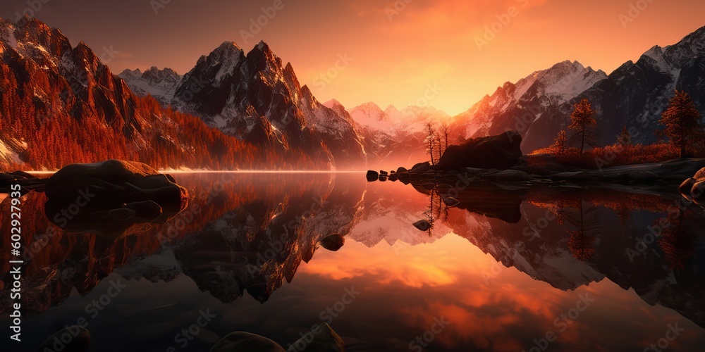AI Generated. AI Generative. Beautiful illustratration photo or mountain lake sunset. Adventure calm vibe. Graphic Art