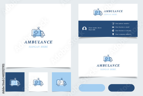 Ambulance logo design with editable slogan. Branding book and business card template.
