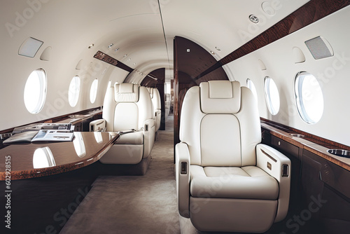 Luxury interior in the modern business jet and sunlight in the porthole. Generative AI