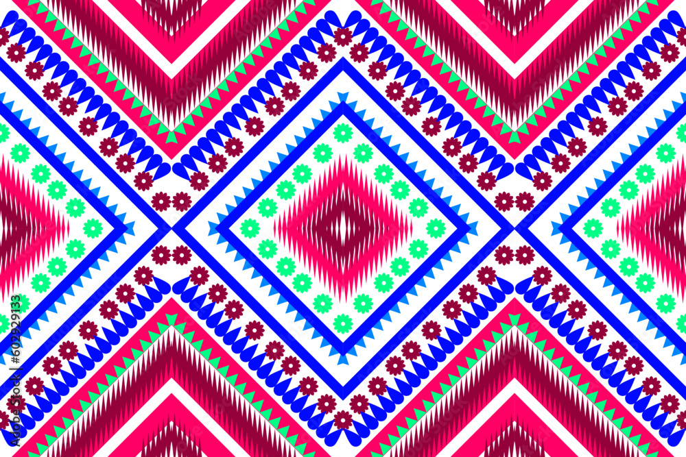 Seamless aztec and tribal pattern Hand drawn geometric triangles blue and red, green, horizontal lines, print for textile, fabric