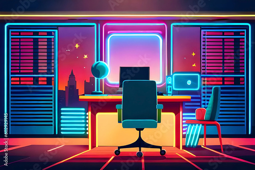 Neon teen streamer room interior with desk and pc vector background. Cyber gamer studio front view with computer, chair and keyboard  © Beste stock