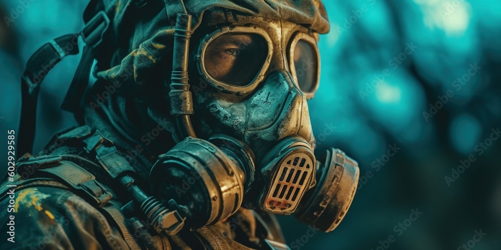 A man wearing a gas mask. Dieselpunk soldier wearing a gas mask with polluted air background. A