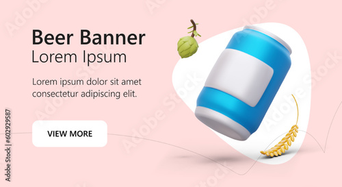 Advertisement of beer in cans. Disposable container for drinks, portion packaging. 3D pictures, text, color button. Horizontal banner for social networks