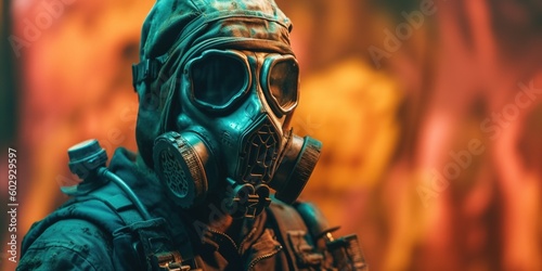 A man wearing a gas mask. Dieselpunk soldier wearing a gas mask with polluted air background. A stalker face in gas mask. Danger zone. Generative AI