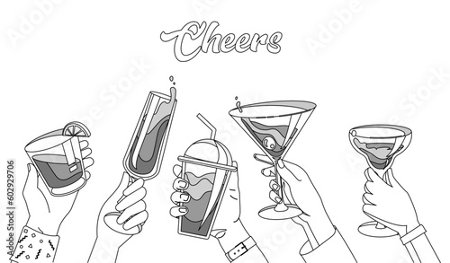Cheers black and white. Characters holding glass glasses with alcoholic drinks and cocktails. Party and event, holiday and festival. New Years and Christmas. Flat vector illustration