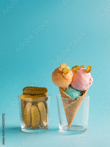 Ice cream in a waffle cup with pickled pickles. Trending taste of 2023