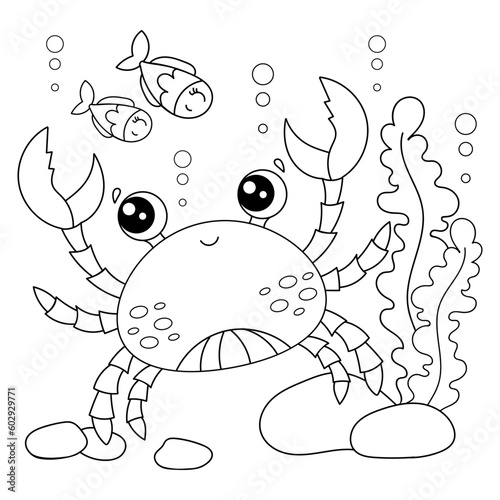 Cartoon crab with fish on the seabed. Black and white linear drawing. Marine theme. For the design of children's coloring books, prints, posters. stickers, postcards, puzzles, etc. Vector