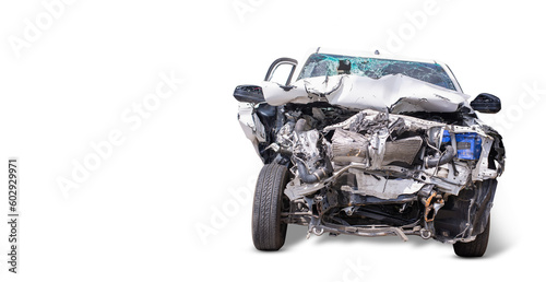 Front of white car get damaged by accident on the road. Isolated on white background, copy space for text.