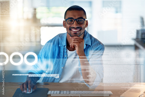 Obraz w ramie Smile, screen and portrait of a man with software for coding, website development and programming. Work, happy and a professional programmer working on analytics, code algorithm and research