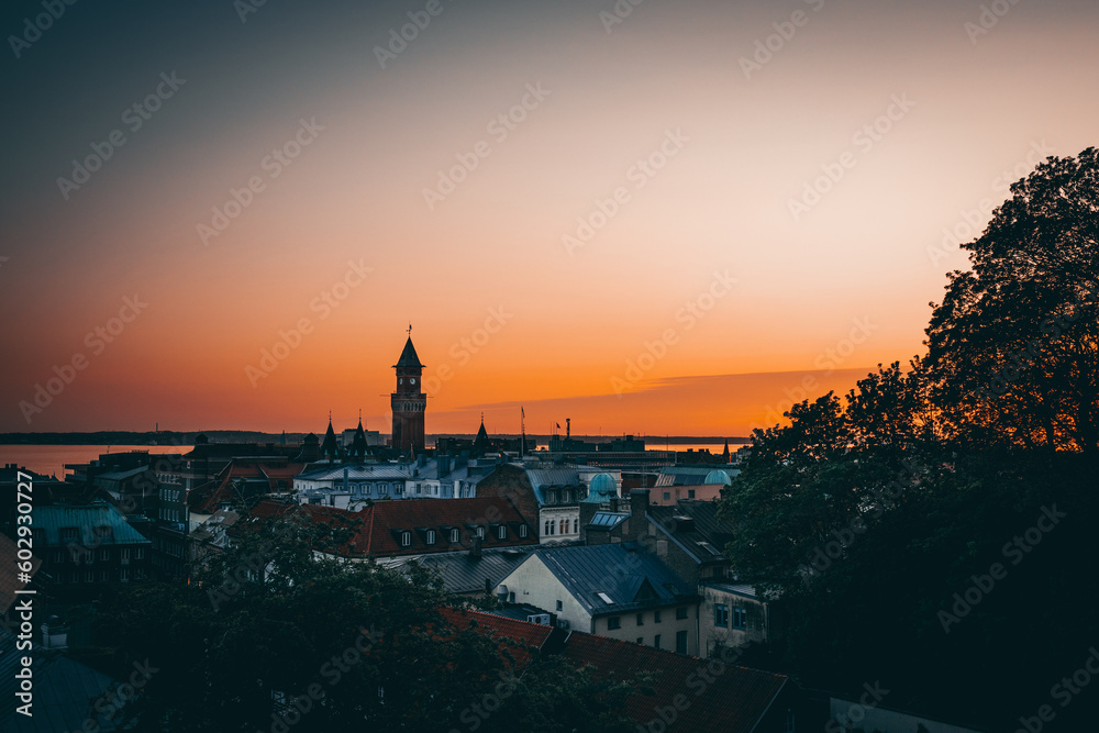 Cityscape with town hall in central Helsingborg, Sweden.
