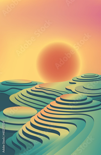 Mountains and terraces. Vector illustration of a mountain landscape with terraces. Sketch for creativity.