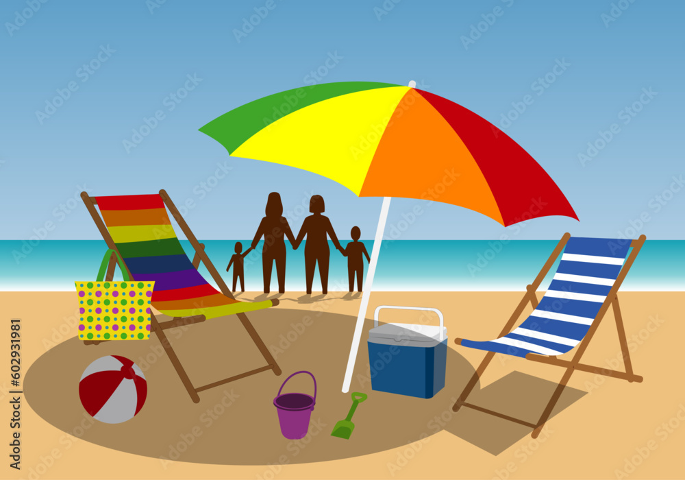 Familia en la playa. Familia LGTBI, lesbianas con sus hijos, disfrutando de un día de playa. Veranear