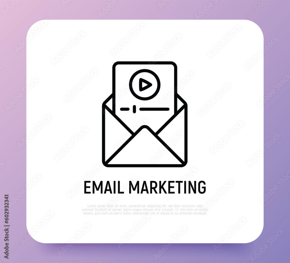 E-mail marketing thin line icon. Envelope with video and play button. Advertising. Vector illustration. E-mail marketing thin line icon. Envelope with video and play button. Advertising. Vector illustration.