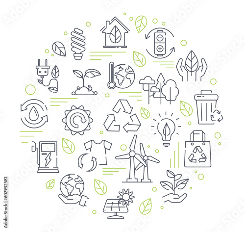 Ecology icons composition. Collection of graphic elements for website. Alternative energy sources and waste recycling. Electricity and power. Flat vector illustrations isolated on white background