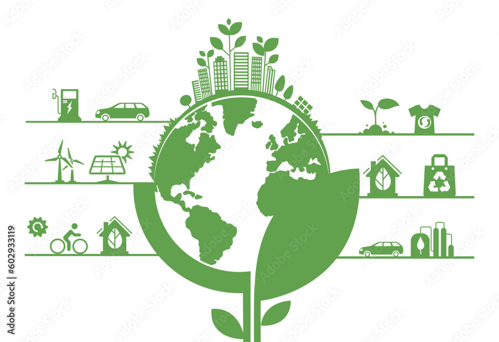 Ecology green composition. Plant with planet on top. Alternative energy sources, reduction of emissions of harmful substances in atmosphere. Care of Earth and nature. Flat vector illustration Ecology green composition. Plant with planet on top. Alternative energy sources, reduction of emissions of harmful substances in atmosphere. Care of Earth and nature. Flat vector illustration
