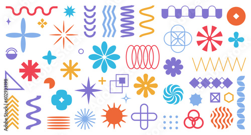 Brutalist abstract geometric shapes and grids isolated brutal minimal shapes set. Brutal contemporary figures, spiral flower and simple elements. Bauhaus memphis design. Cartoon vector illustration