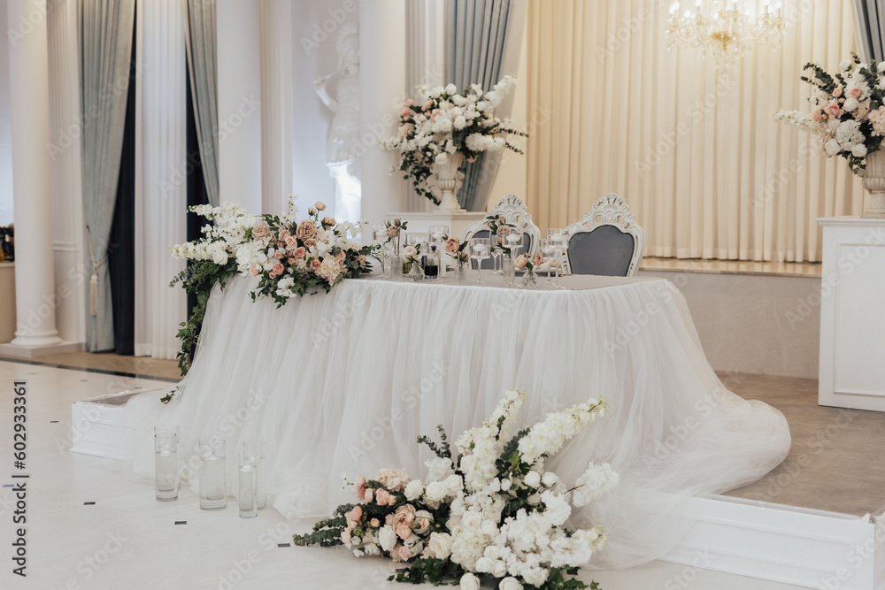 Classic wedding reception in restaurant. Table decoration with candles and flowers.