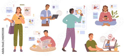 Media information set of people characters get news from internet and TV sources, vector illustration. News informative broadcast man and woman reading newspapers, flat cartoon