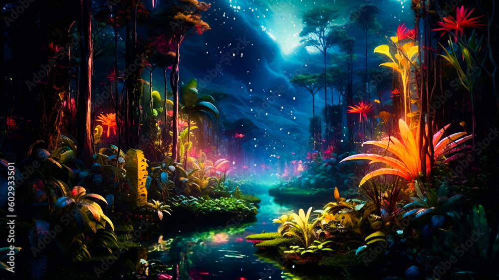 amazon jungle colorful night view. Generative AI