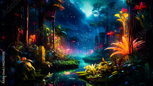 amazon jungle colorful night view. Generative AI © Akash Tholiya