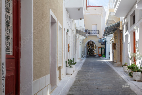 Andros island  Chora town  Cyclades Greece. Paved alley  house wall  souvenir shop Greek art.
