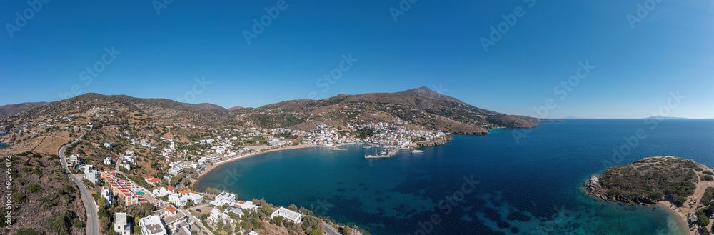 Andros island, of Batsi village, Cyclades Greece. Aerial drone panoramic view of landscape. Banner