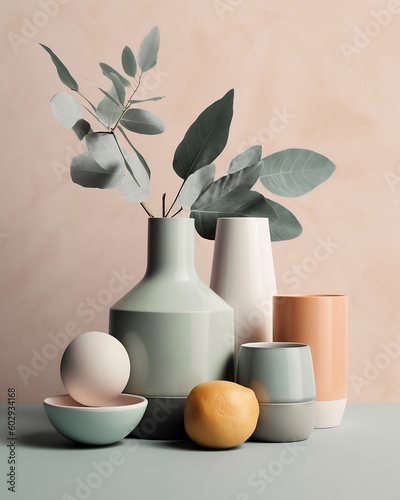 still life with vases minimal simple with baby pink background, Boho Abstract, Scandi Art, Mid Century style ,generative ai
