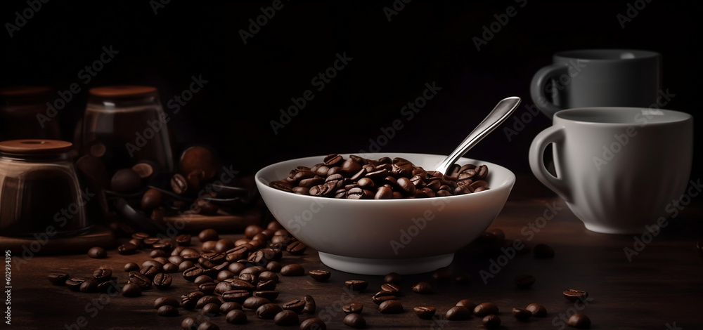 Coffee background with saucer coffee beans and spoon on wooden floor black backgroundd, generative ai Coffee background with saucer coffee beans and spoon on wooden floor black backgroundd, generative ai
