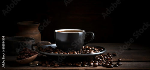 Coffee background with saucer coffee beans and spoon on wooden floor black background, generative ai