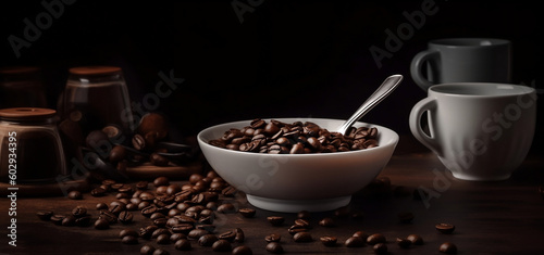 Coffee background with saucer coffee beans and spoon on wooden floor black backgroundd, generative ai