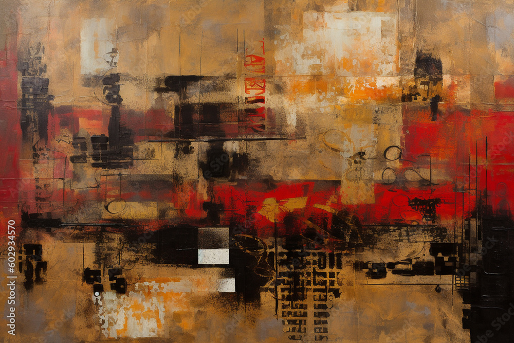 Urban Tapestry: A Vibrant Patchwork of Modern Grunge in Red and Sepia AI generated