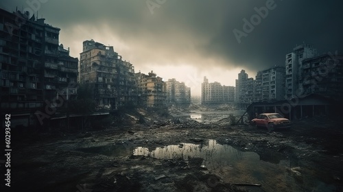 A future post-apocalyptic city, broken and dreary with broken buildings and a derelict urban landscape. Explore the darkness of this AI generative photo