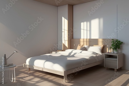 Minimalist master bedroom with white and wood walls, concrete floor, comfortable king-size bed and two nightstands - generative ai  © unalcreative