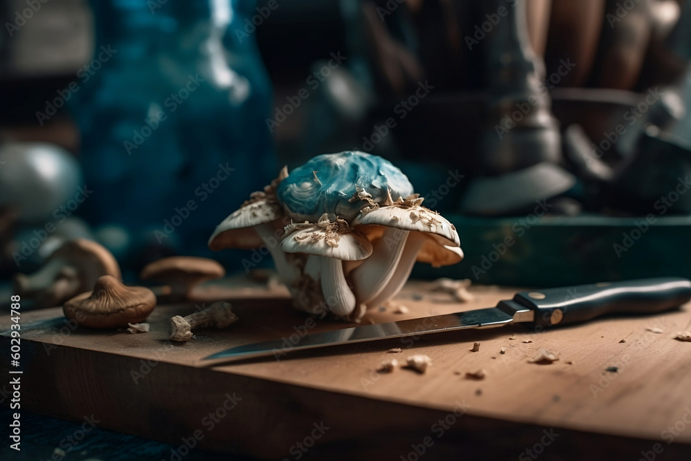 Close up Chef mushrooms with knife on marble bench, generative ai
