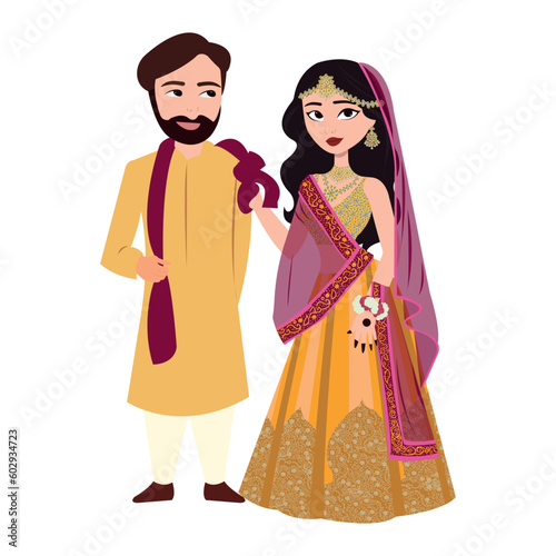 Vector vector cute indian couple cartoon in traditional dress posing for wedding invitation card design