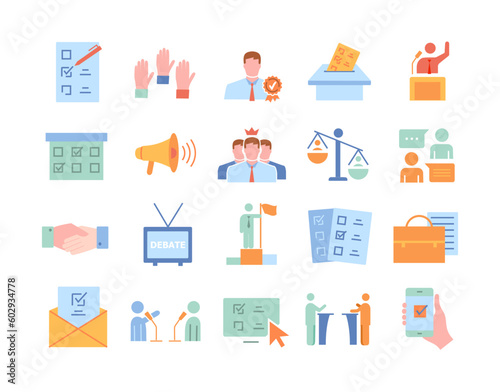 Elections color icons set. Collection of graphic elements for website. Debates of politicians and candidates for presidents and government. Flat vector illustrations isolated on white background