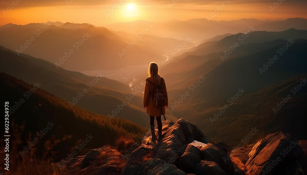Fototapeta premium sunset over the mountains with silhouette of a woman over look to a sweeping vista of breathtaking visual beauty on the horizon, generative ai