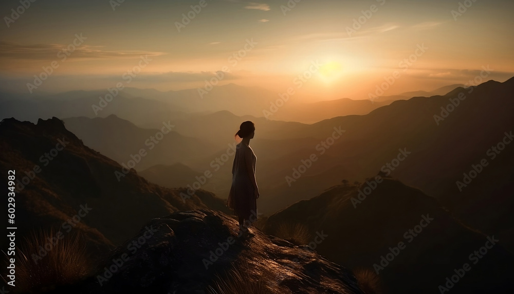 sunset over the mountains with silhouette of a woman over look to a sweeping vista of breathtaking visual beauty on the horizon, generative ai