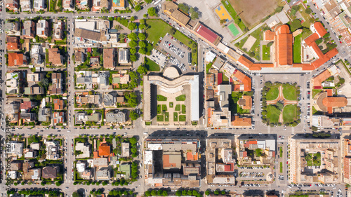 Aerial view of Palazzo Emme in Latina  Lazio  Italy. The building has the shape of an M like Mussolini s initial. It is a symbol of the rationalist italian architecture of the fascist period.