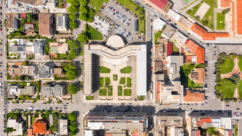 Aerial view of Palazzo Emme in Latina, Lazio, Italy. The building has the shape of an M like Mussolini's initial. It is a symbol of the rationalist italian architecture of the fascist period.