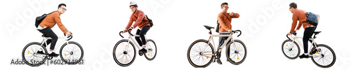 Fotografiet A man riding a bicycle in a helmet to work with a briefcase, transparent background, png