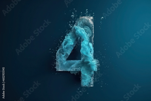 Number 4 made with a splash of water on a black background. symbol four, wet, clean and fresh. ai generative