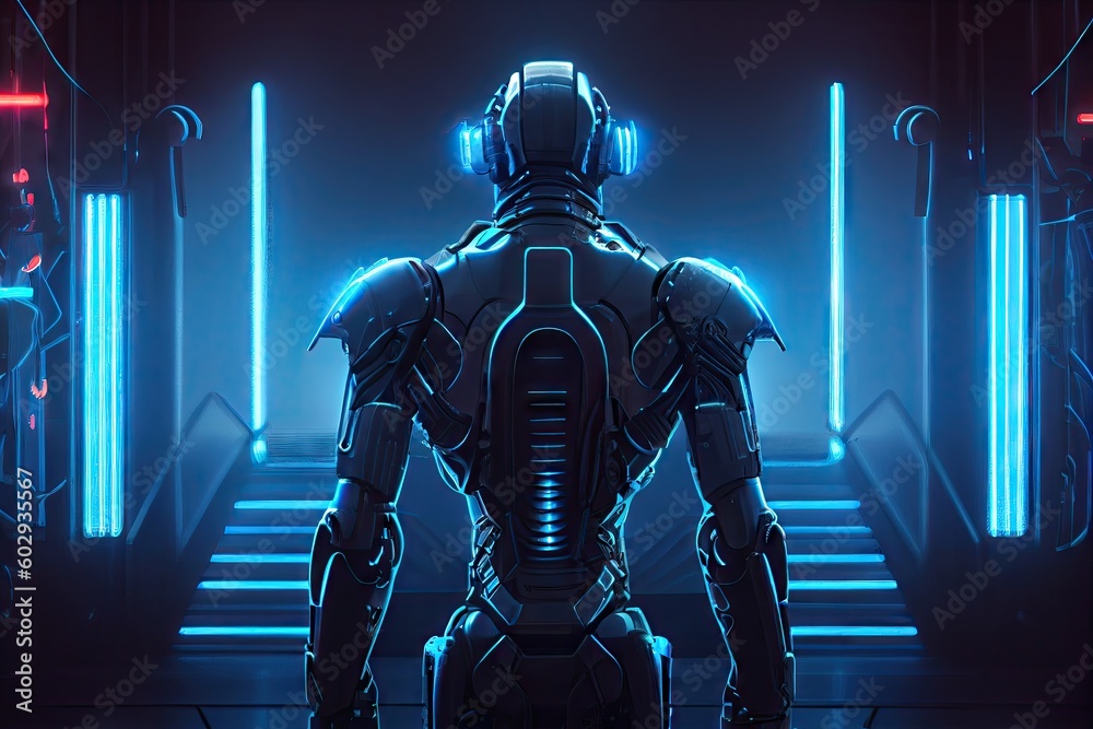 Future Technology Room - Modern Science robot and Cyberpunk Concept. Generative AI illustrations.
