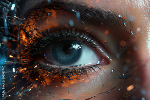 Artificial Intelligence Showcasing Woman's Eye, Blue and Orange Tones. Generative AI