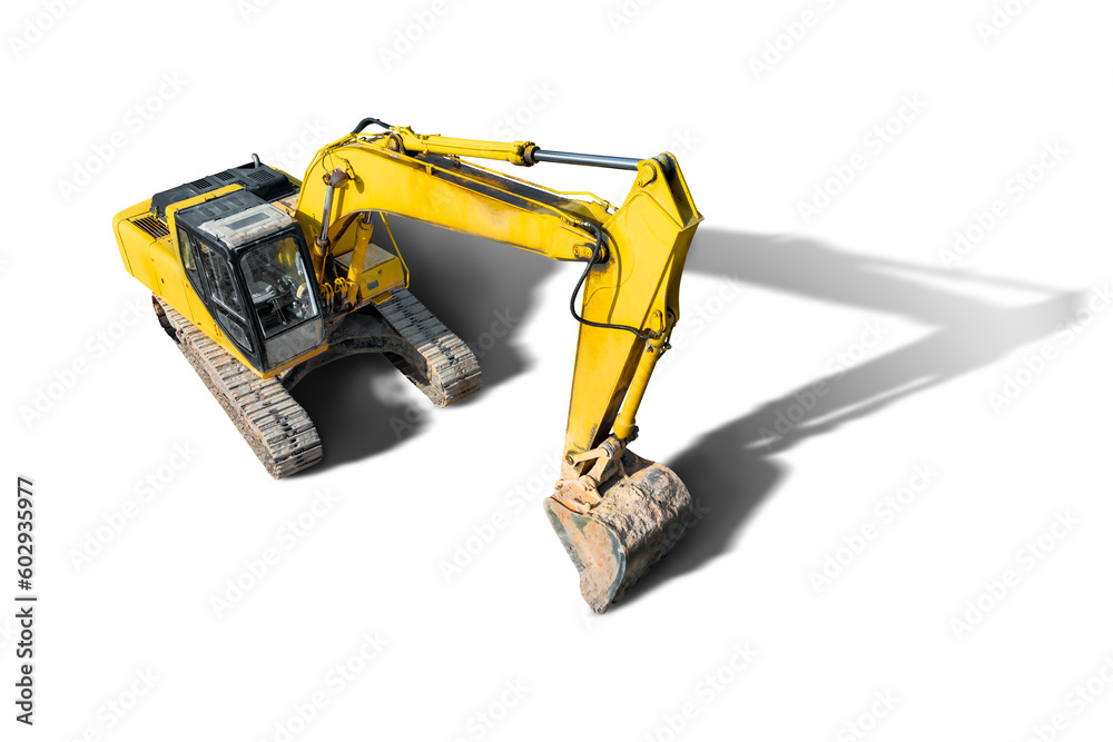 Crawler excavator with a large bucket on a white isolated background. Powerful excavator with an elongated bucket close-up, top view. Element for design. Rental of construction equipment.