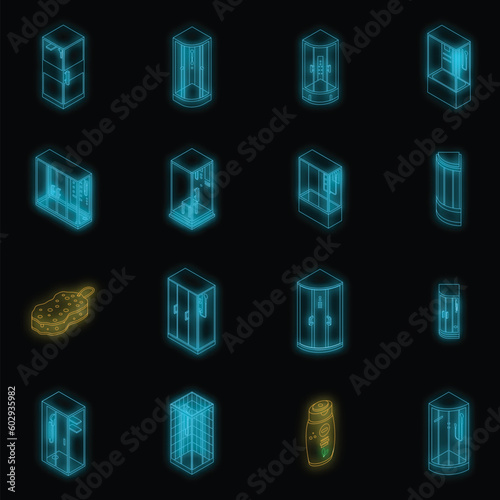 Shower stall icons set. Isometric set of shower stall vector icons neon color on black