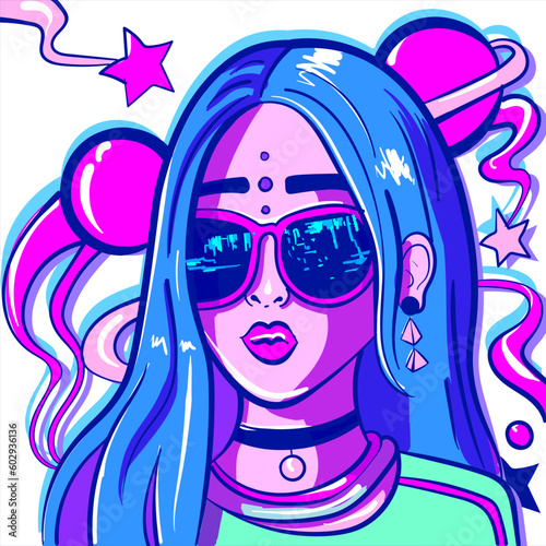 Vibrant neon digital art of a lo-fi girl with sunglasses and planets around her. Galaxy and universe background. Psychedelic woman stargazing.