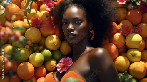 Generative ai fashion portrait woman surrounded by fruit