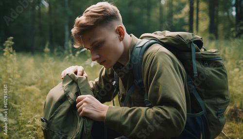 A young man prepares for a hike and packs a large green tactical backpack with pockets, generative ai © 1by1step